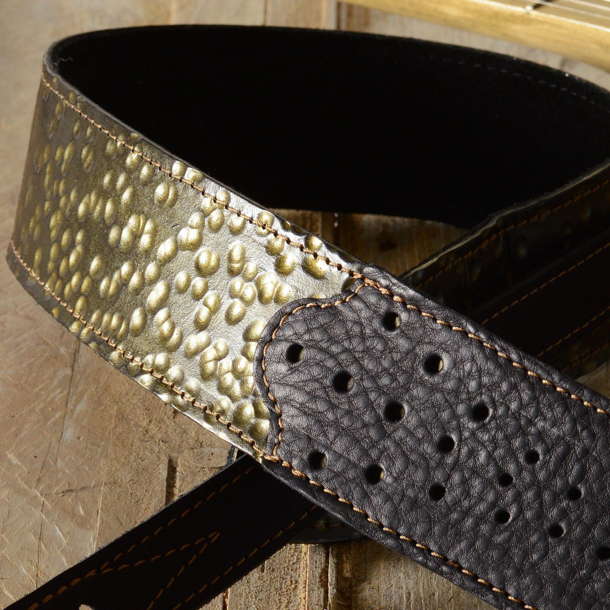 Gold Hammered Leather Guitar Strap GS77 by Pinegrove Leather