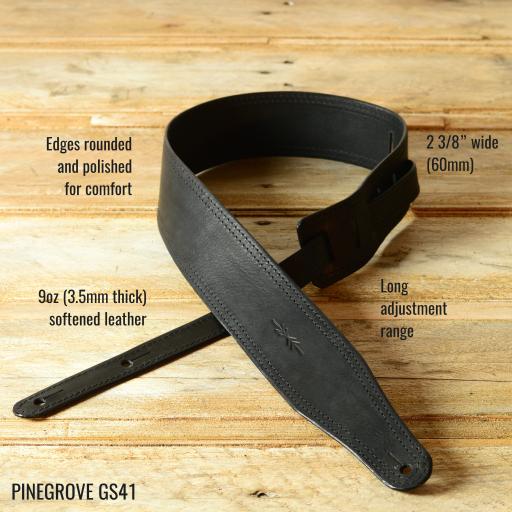 Pinegrove Leather black GS41 guitar strap, 60mm wide, in fine naturally tanned leather