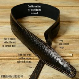 Pinegrove  BS63 padded Leather guitar strap in black ostrich effect cowhide