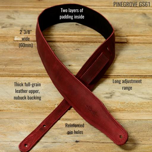 Pinegrove Leather GS61 padded guitar strap in cherry red