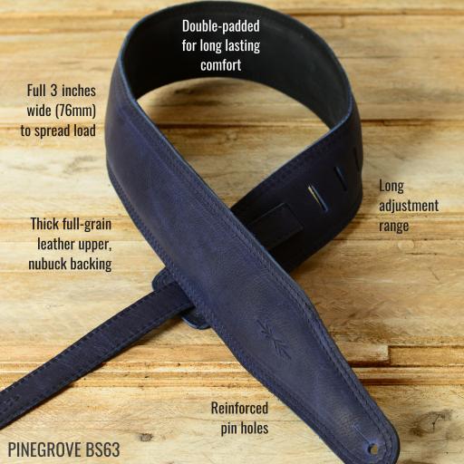 Pinegrove  BS63 padded Leather guitar strap in blue