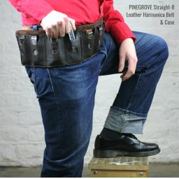 Pinegrove Leather Straight 8 harmonica belt and case, on model with blues harp in his hand