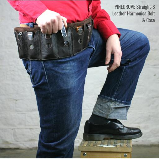 Pinegrove Leather Straight 8 harmonica belt and case, on model with blues harp in his hand