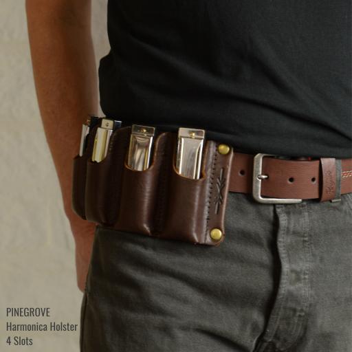 Pinegrove Leather harmonica holster with 4 blues harps on man's belt