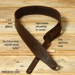 Pinegrove Leather GS41 Guitar Strap in dark brown vegetable tanned leather, with feature points