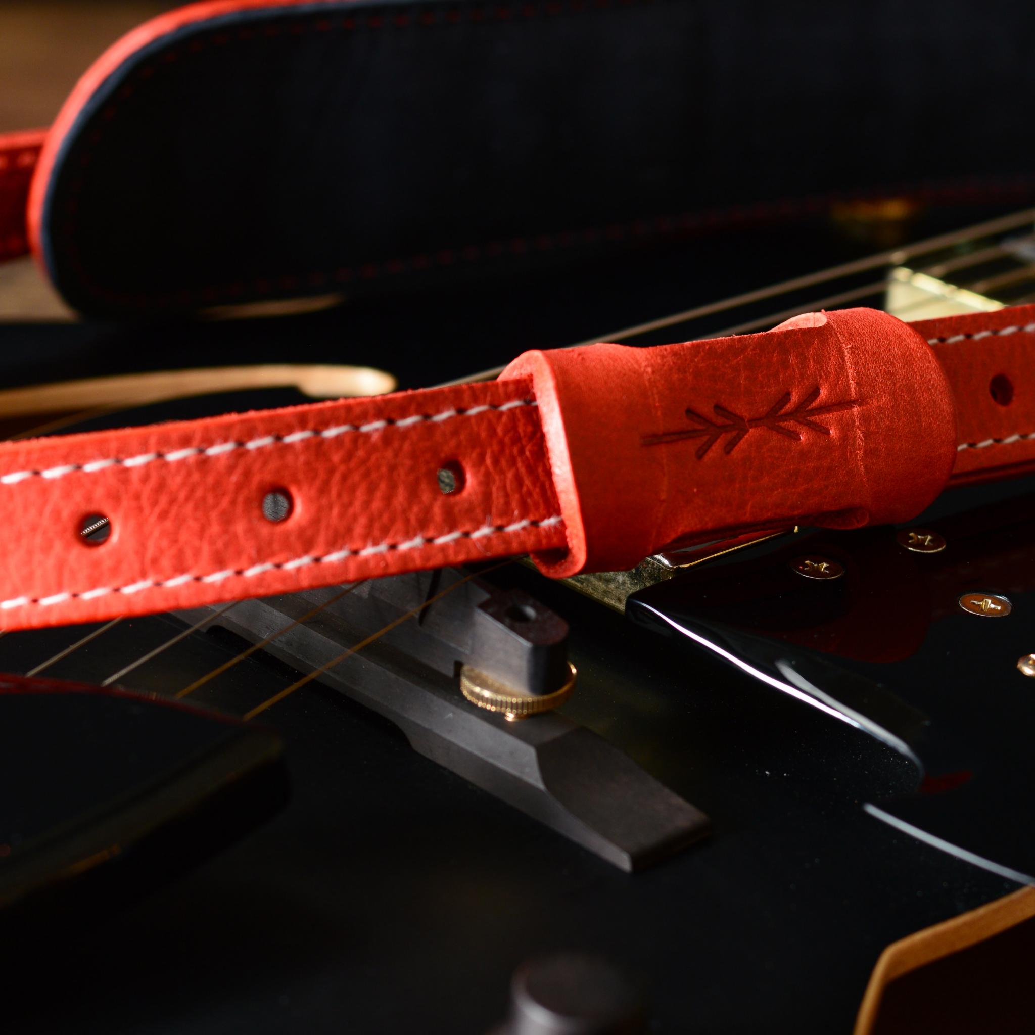 Hand Built Red Leather Guitar Strap Made In England