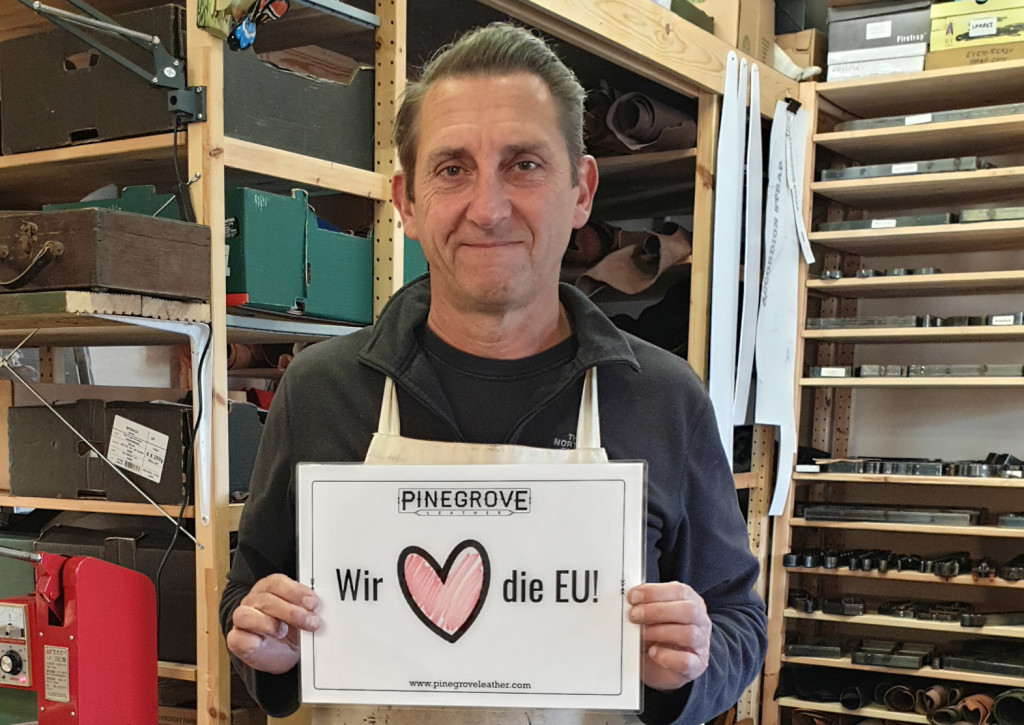 Rod of Pinegrove Leather with sign supporting the EU