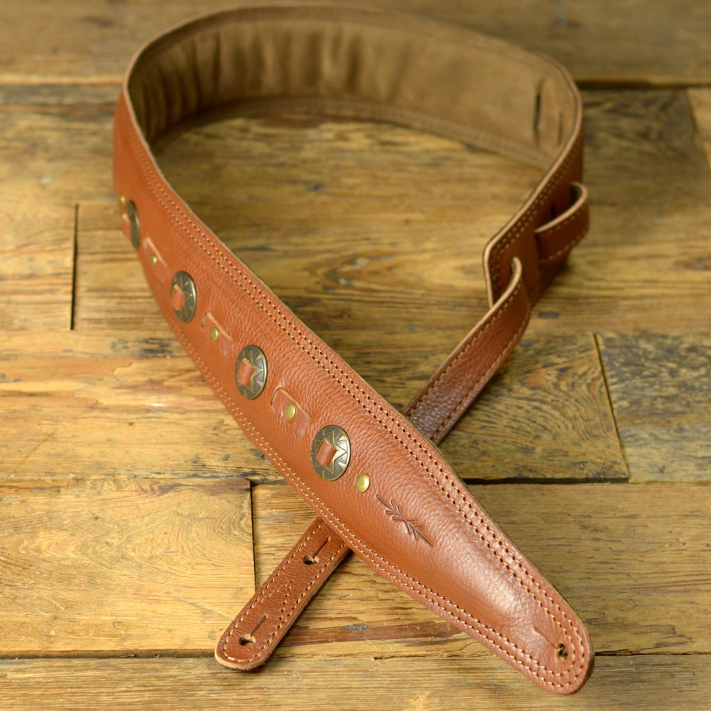 Western Guitar Straps Tan Leather With Bronze Conchos