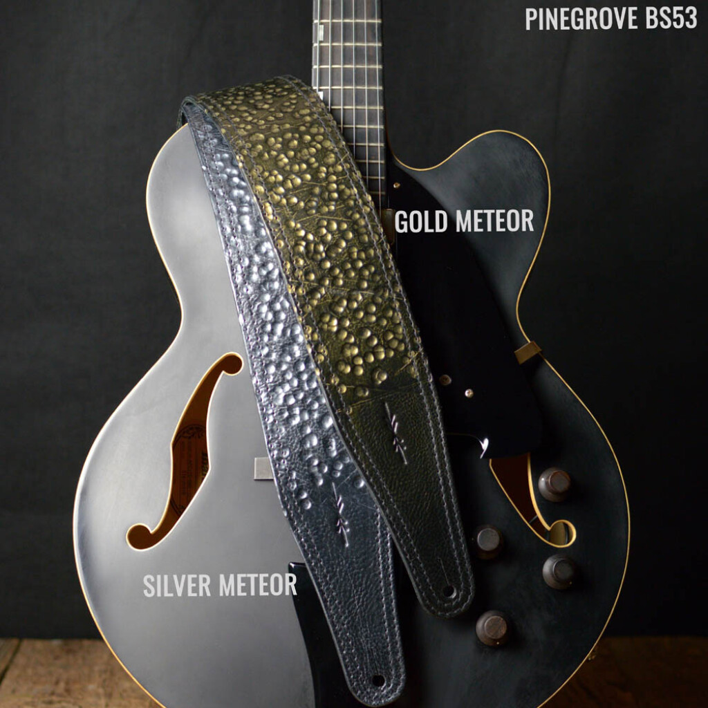 Gold Meteor and Silver Meteor guitar straps by Pinegrove Leather