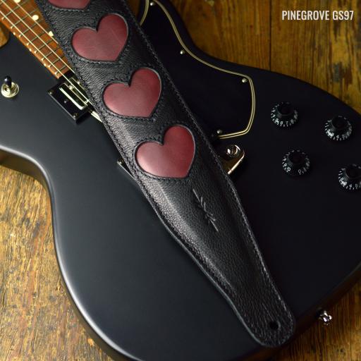GS97 Leather Guitar Strap - Black with Wine Red Hearts