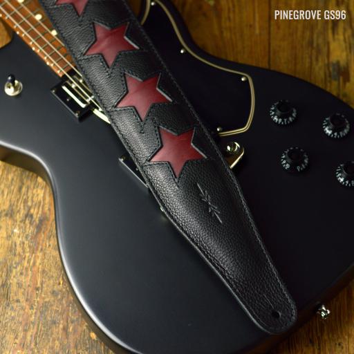 GS96 Leather Guitar Strap - Black with Wine Red Stars