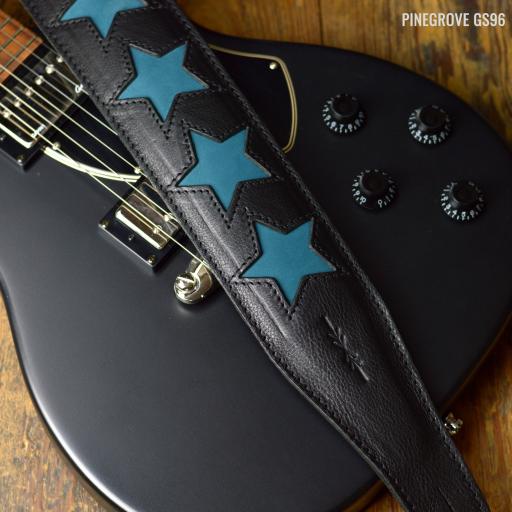 GS96 Leather Guitar Strap - Black with Ocean Blue Stars